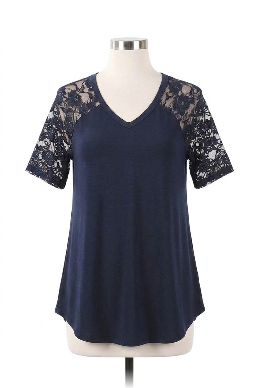 NEW ZENANA lace detail short sleeve v neck top in blue
